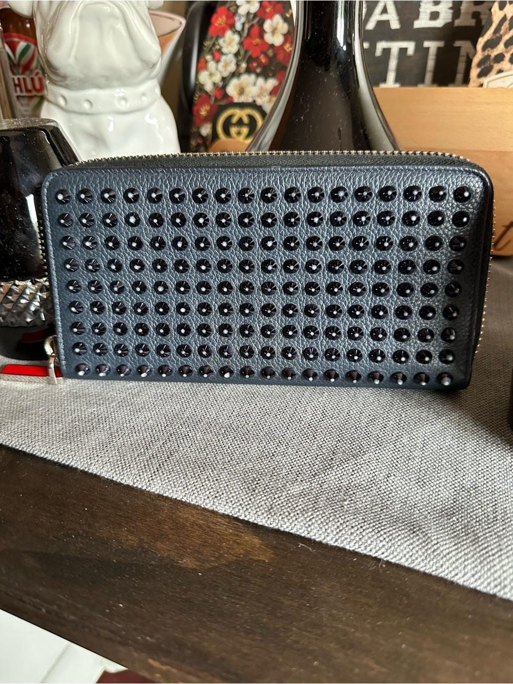 Christian Louboutin Panettone Studded Leather Zip Around Wallet-Navy